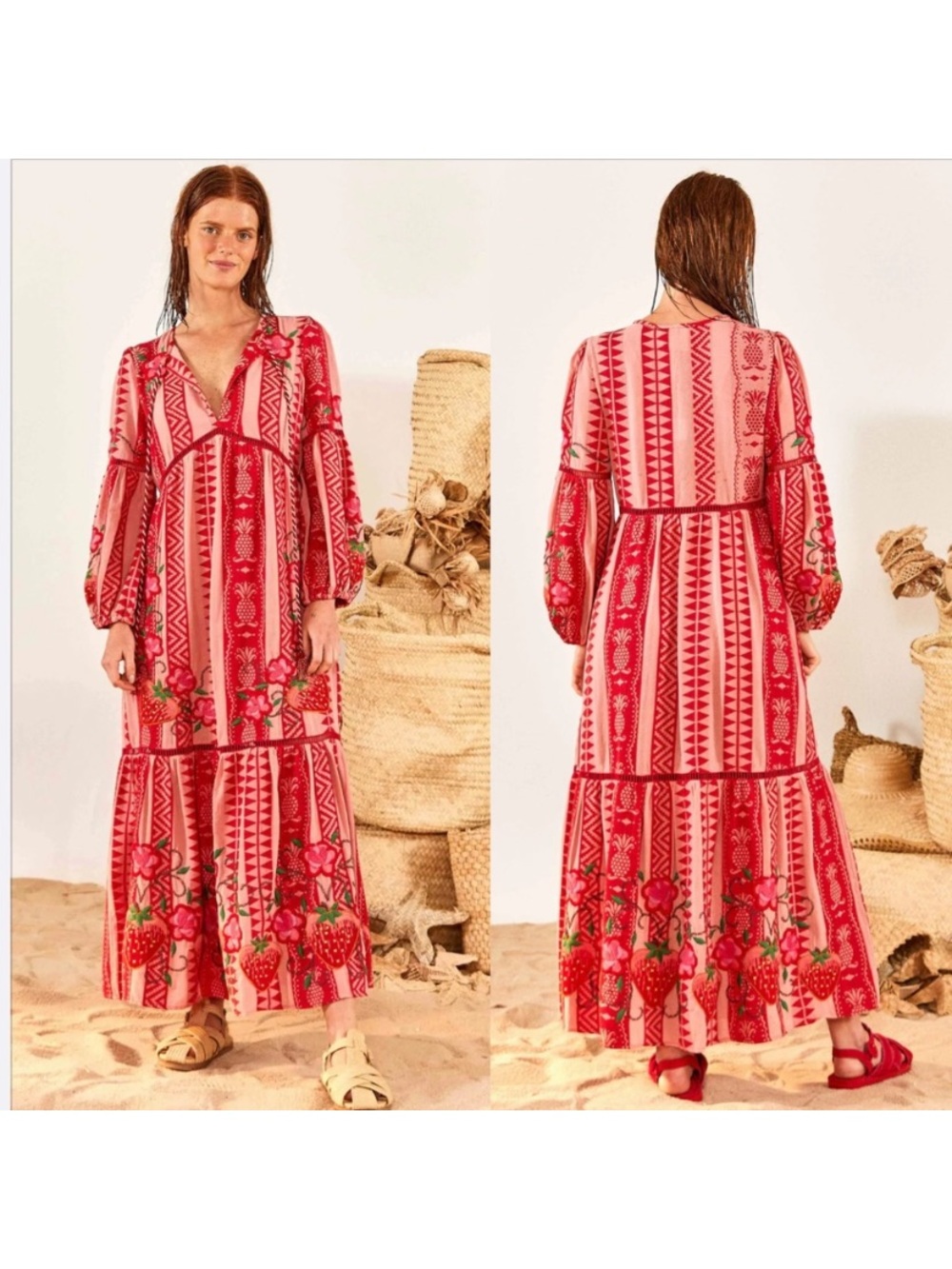 Farm Rio NWT red pink sleeves embroidered floral maxi dress M